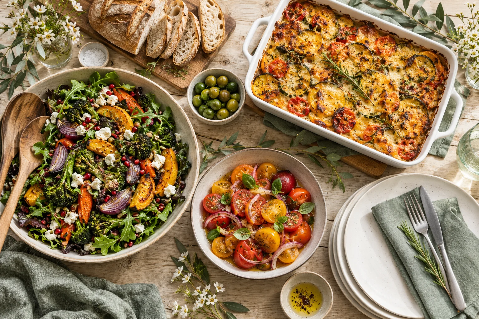 A shared potluck table with salad, casserole, bread, tomatoes, olives and serving pieces